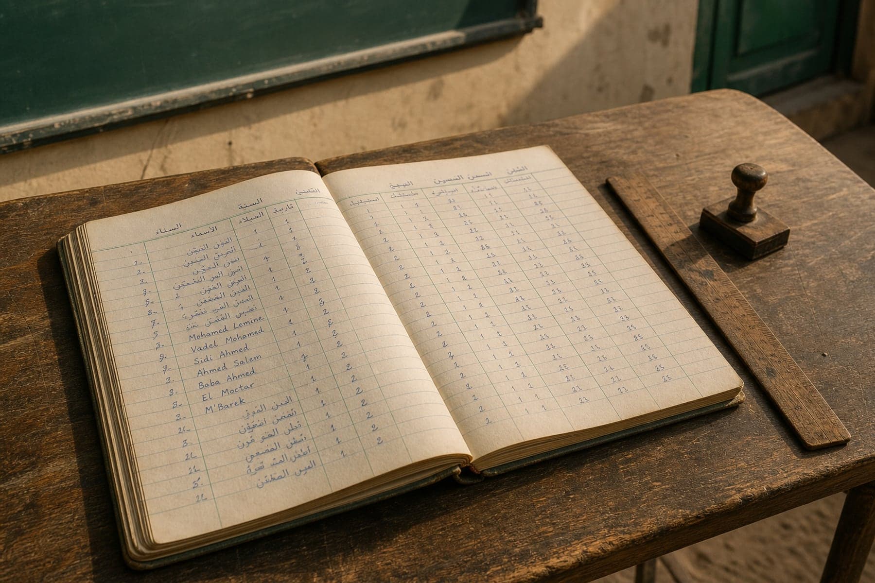 سجل قسم مكتوب باليد على طاولة خشبية، بجانبه ختم المدرسة